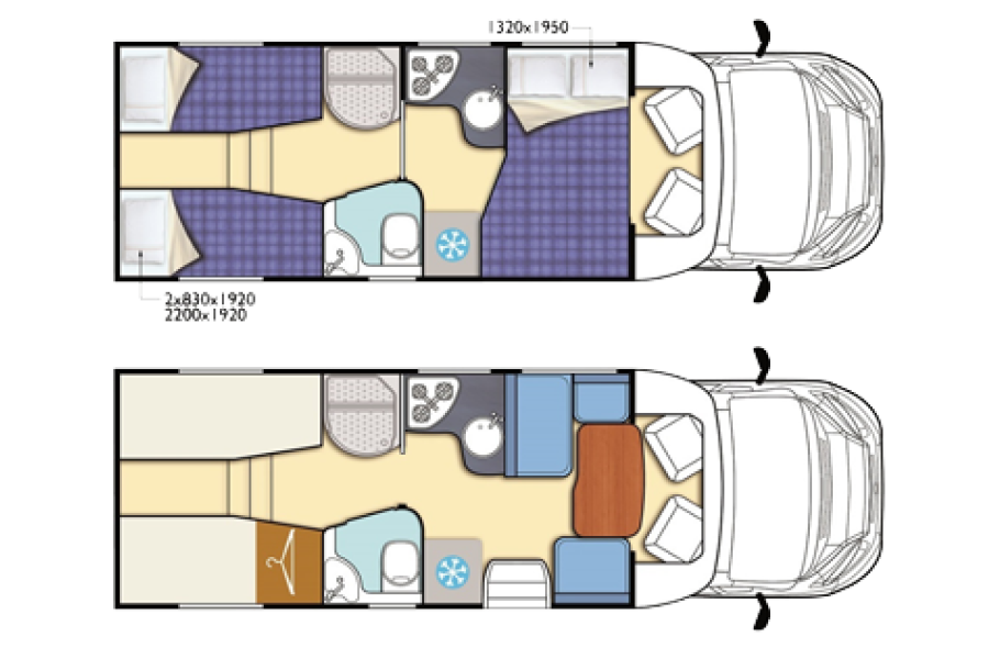 Luxe automatische half-integraal camper - plattegrond