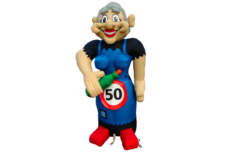 Sarah opblaaspop huren | VerhuurMontfoort | Sarah pop huren 50 jaar | Opblaaspop met fles drank in de hand